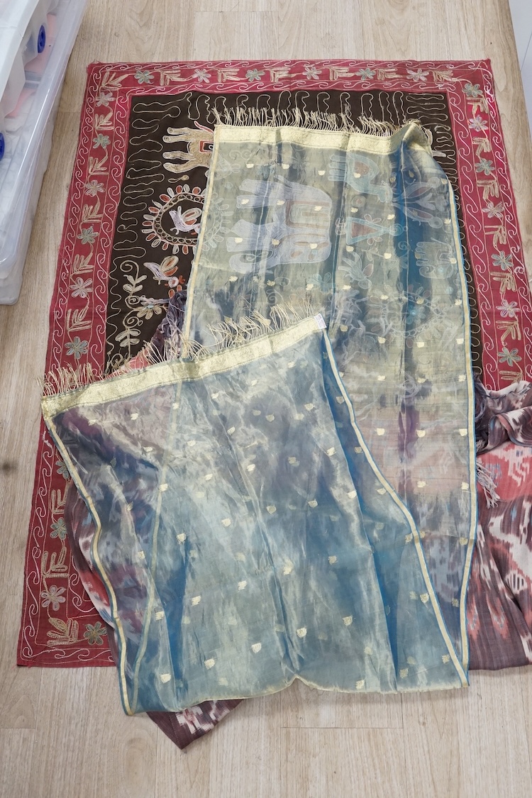 A Sumbanese shoulder cloth, an Indian chain stitch panel and a finely woven silk stole